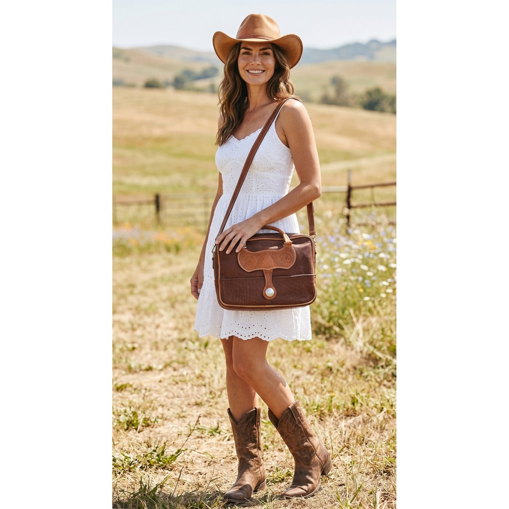 Weaver West Bison Leather Tooled Crossbody Bag Cowgirl Concho Tassel Western